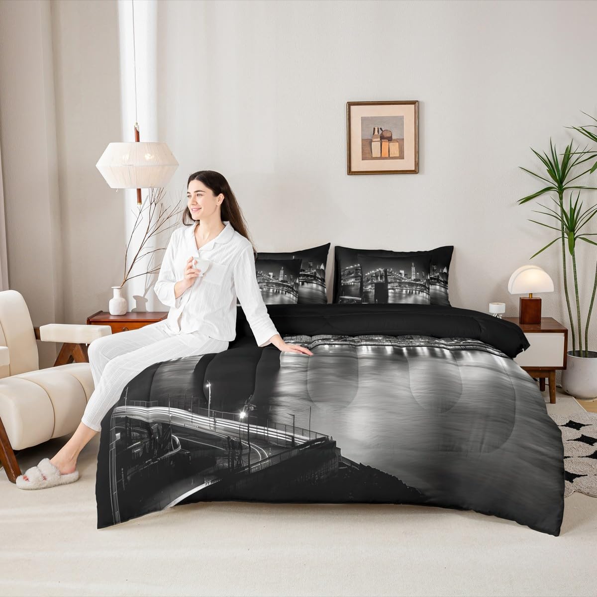 jejeloiu Cityscape Bed Set Twin Size Modern Bridge 7 Pieces Bedding Set for Kids Boys Girls Tall Building Decor Bed in a Bag with Comforter, Sheets, Pillowcases Breathable Lighting Bedroom Decor