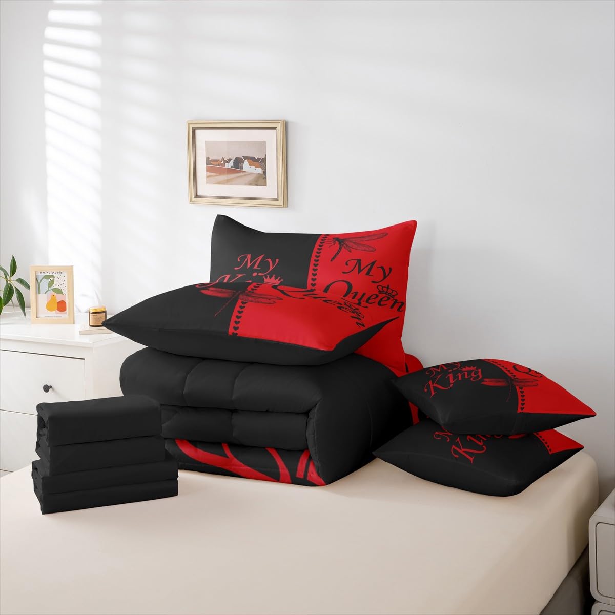 Dragonfly Bed in a Bag Queen Comforter Set 7 Piece | King and Queen Bedding Sets Couples Gifts for Men Women Comforter and Sheet Set, Aesthetic Red and Black Bed Sets,Valentines Day Decorations