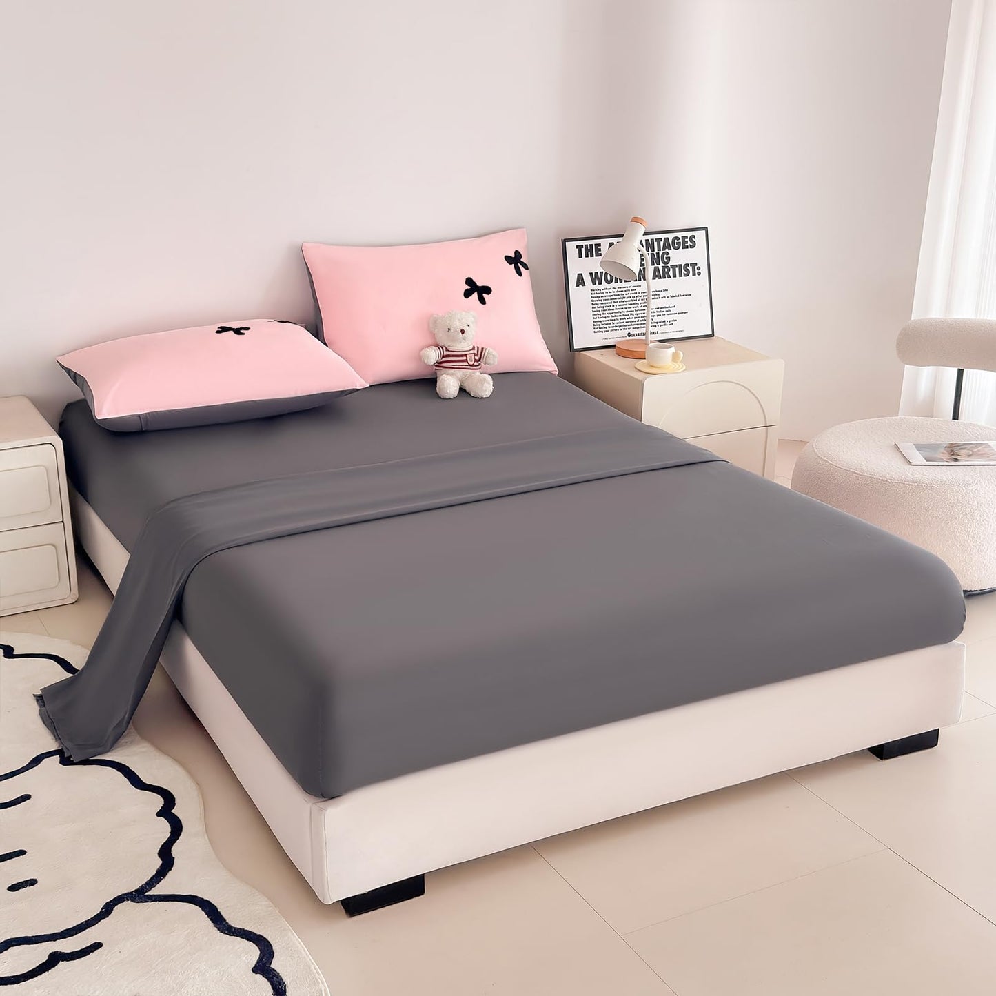Tailor Shop Twin Comforter Set for Girls 5 Pieces Tufted Chenille Bowknot Embroidery Grey Comforter Pink Bedding Twin Girls Comforter