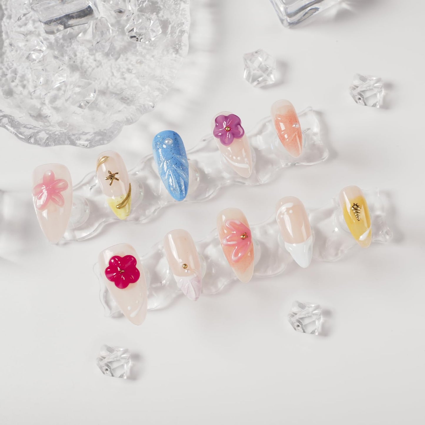 Tesytto Handmade Press on Nails 3D Floral Carved Medium Almond Fake Nails French Tips, Multi-Layer Gel Acrylic Nails for Women Nail Art (Sheer Floral Glow,M)