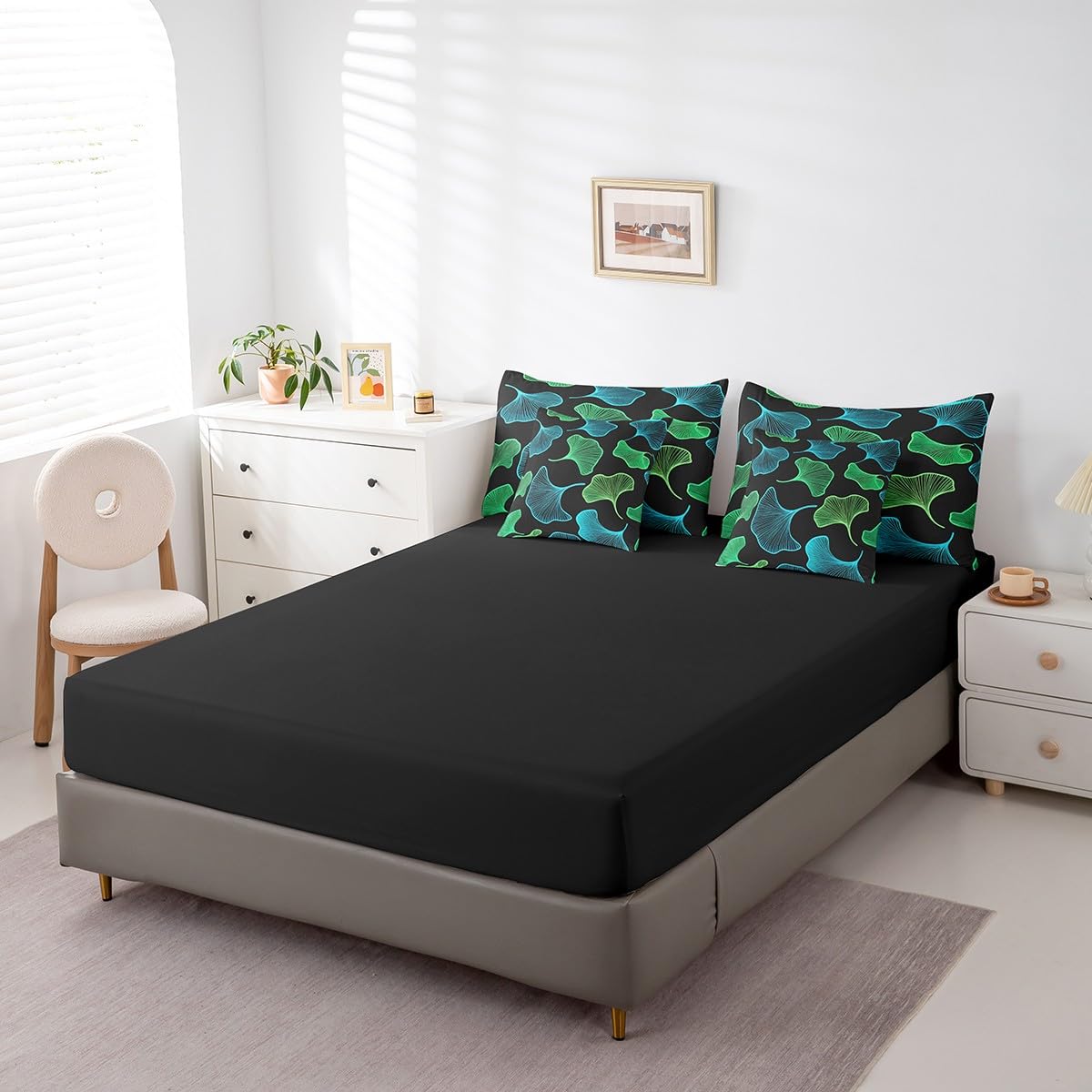 Erosebridal Ginkgo Leaves Comforter Set 7 Piece Bed in a Bag Twin,Teal Green Ginkgo Biloba Leaf Bedding Sets Botanical Sheet Set with Comforter,Jungle Plant Ginkgo Folium Bed Set