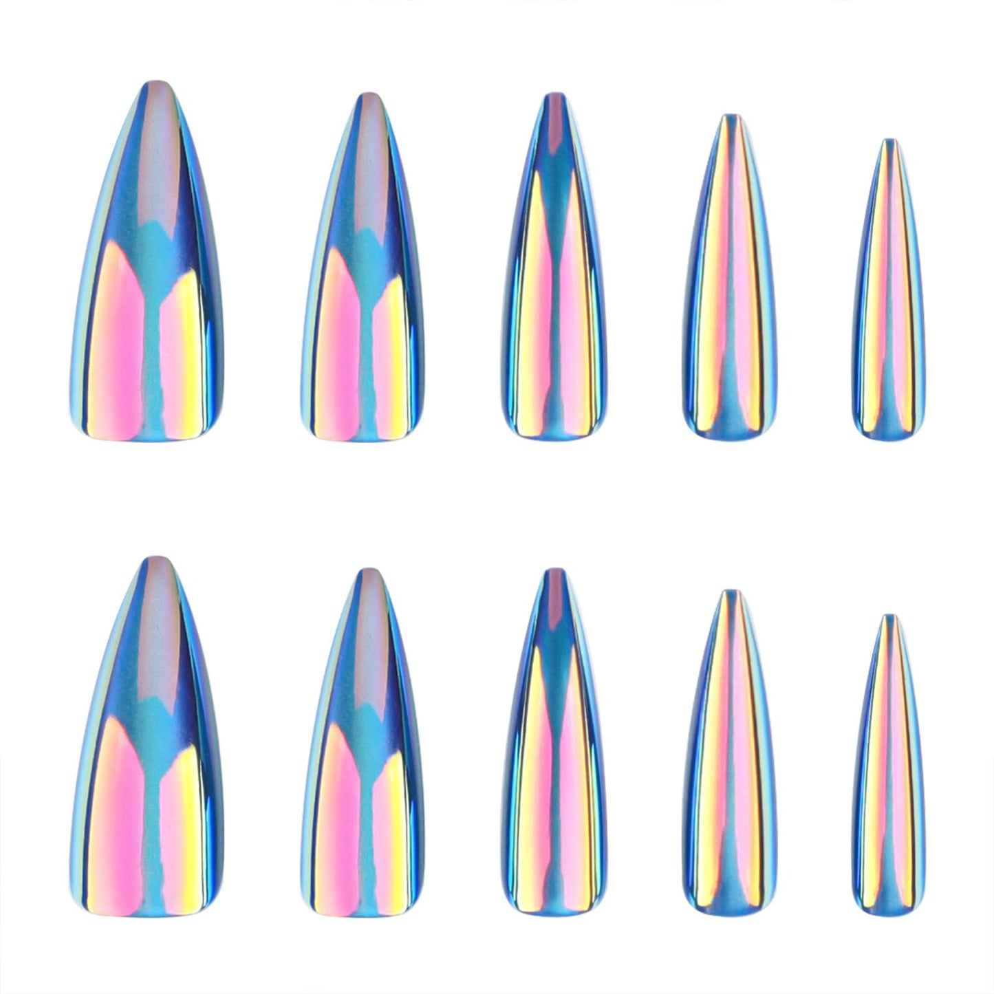 SINHOT Stiletto Press on Nails Long - Long Fake Nails, Glossy Finish, Blue Cat Eye & Chrome, DIY Artificial False Nail Art - 24 Pcs Nail Kit with Glue