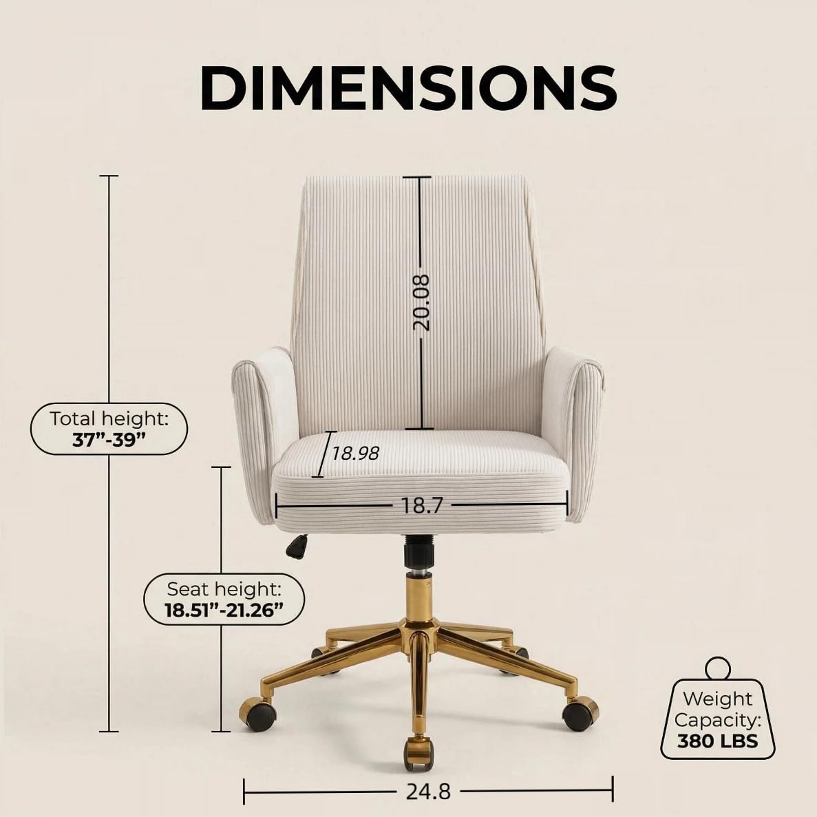 Stripes Velvet Home Office Desk Chair, Accent Upholstered Modern Height Adjustable Swivel Chair with Wheels,Ergonomic Task Chair for Living Room,Bedroom,Vanity,Study,Office（Cream）