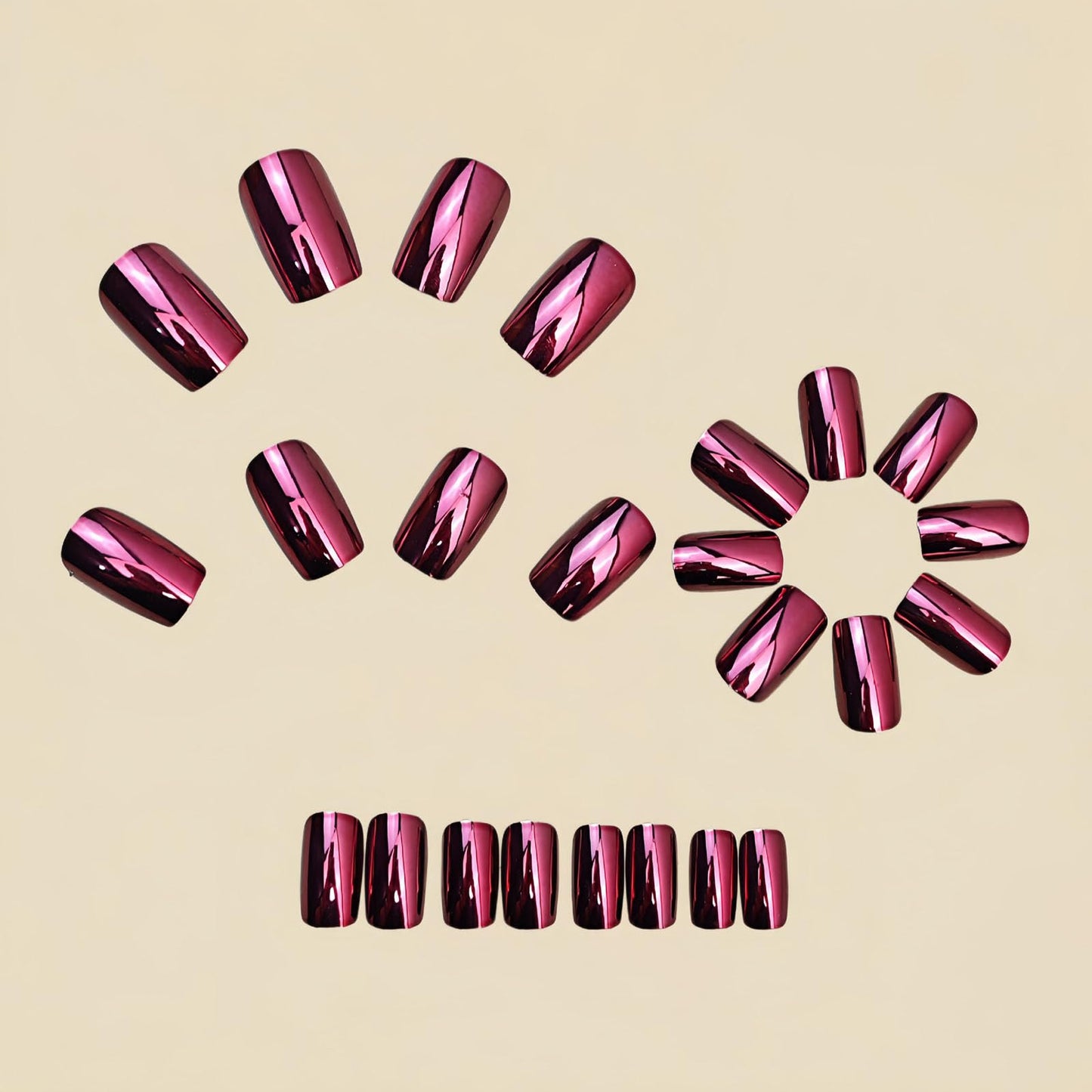 RUOKEXIN Medium Length Press on Nails Square Fake Nails Red Chrome False Nails Full Cover Nail Press ons Sparkly Artificial Nails for Women 24Pcs