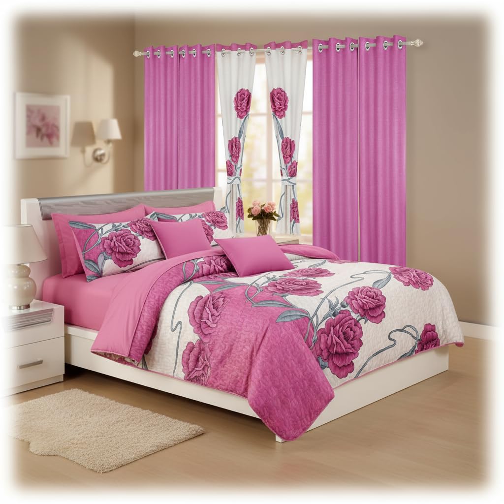 Elegant pink Rose Queen Light Comforter Set, Luxury 9-Piece Bed in a Bag Cal Queen Bedspread with Matching Curtains, Ultra Soft & Breathable Botanical Bedding, All-Season Decor for Master Suite