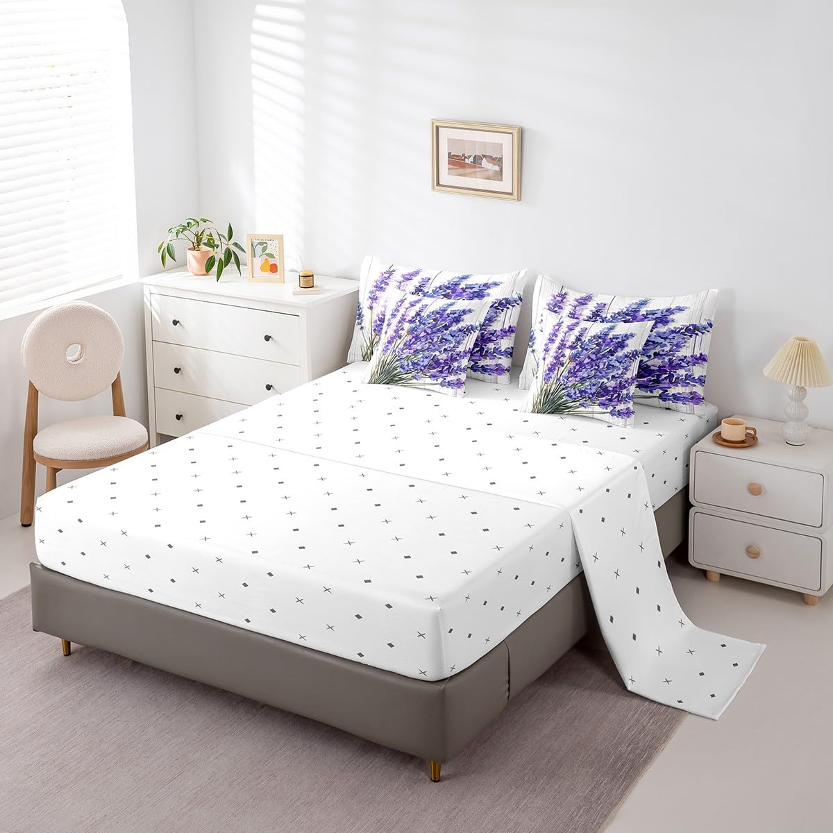 Erosebridal Lavender Flower Comforter Set Full Size,Oil Painting Floral Bedding Set for Kids Teens,Groovy Lavender (Comforter+Fitted+Flat Sheet+2 Pillowcases+2 Throw Pillow Covers) 7 Pieces Bed Set