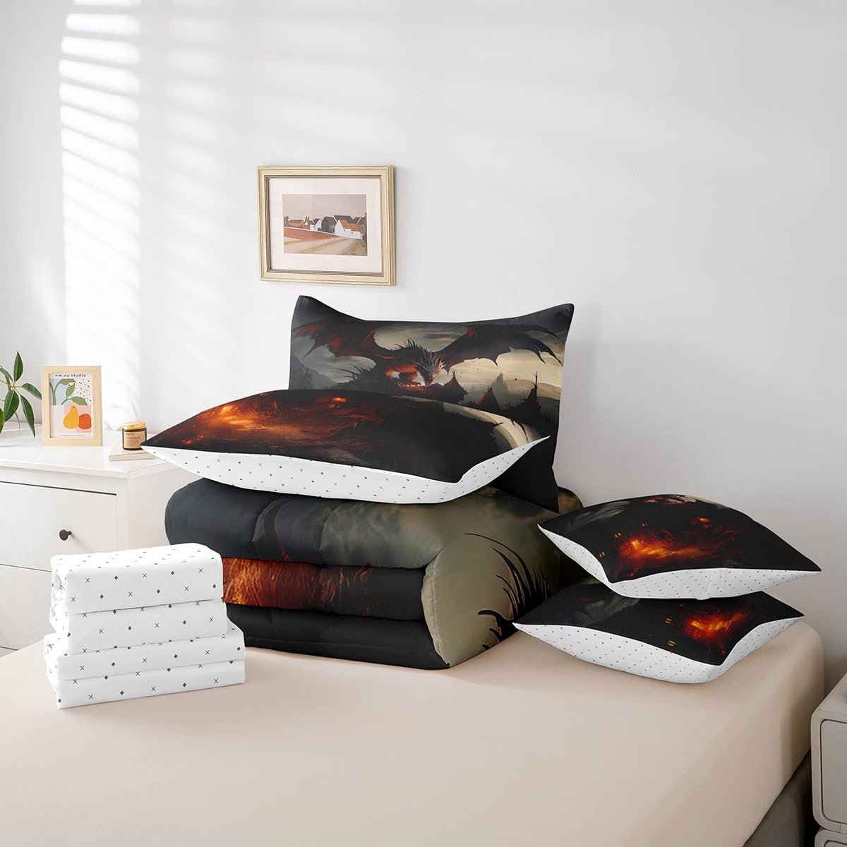 3D Dragon 7-Piece Bedding Set - Fierce Wildlife Queen Size - 1 Comforter, 1 Flat Sheet, 1 Fitted Sheet, 2 Pillowcases and 2 Pillow Shams