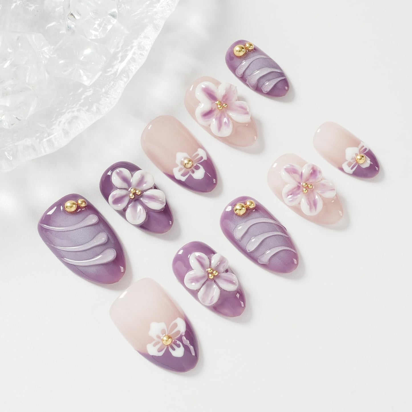 Tesytto Handmade Press on Nails with 3D Ombre Purple Flower - Lavender Floral Short Almond Nails - Full Cover Stick on Nails for Women & Girls (Blossom Purple Dream, M)