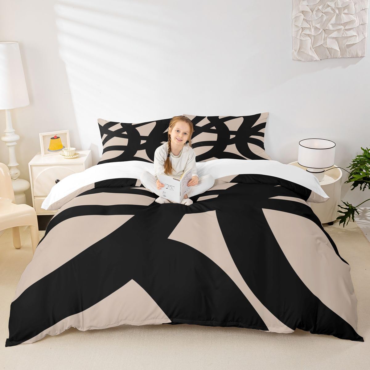 jejeloiu Black and Beige Bedding Set King Size Geometric Modern Comforter Cover Set for Kids Teens Adults Abstract Neutral Art Duvet Cover Abstarct Art Room Decorations 3Pcs with 2 Pillow Cases