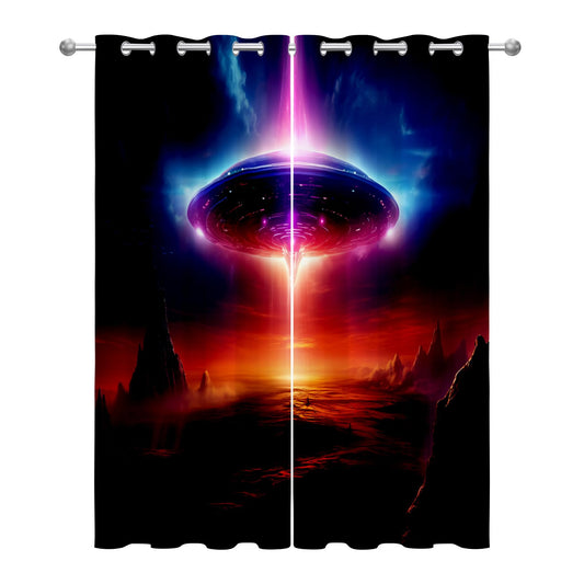 UFO Curtains Blackout, Alien Sci Fi Futuristic Spaceship Black Out Curtains 63 Inch Long Printed, Room Darkening Thermal Insulated Grommet Drapes for Bedroom Living Room