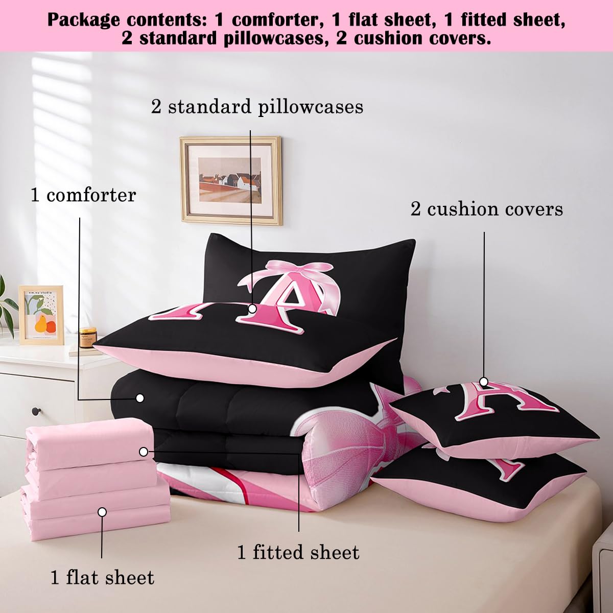 jejeloiu Kids Girls Black Pink Bow Comforter Set with Sheets Twin Size Monogrammed 7 Piece Bedding Set Personalized Initial A Bed in a Bag with Comforter,Sheets,Pillowcases Modern Fashion Bed Set