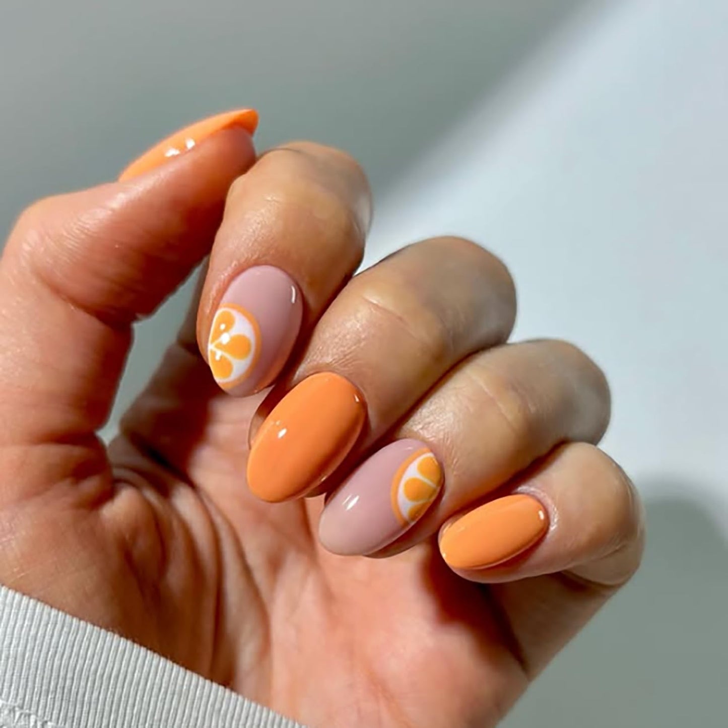Orange Press On Nails Short Almond Fake Nails Press Ons With Orange Design False Nails Summer Acrylic Nails Glossy Glue On Nails For Women