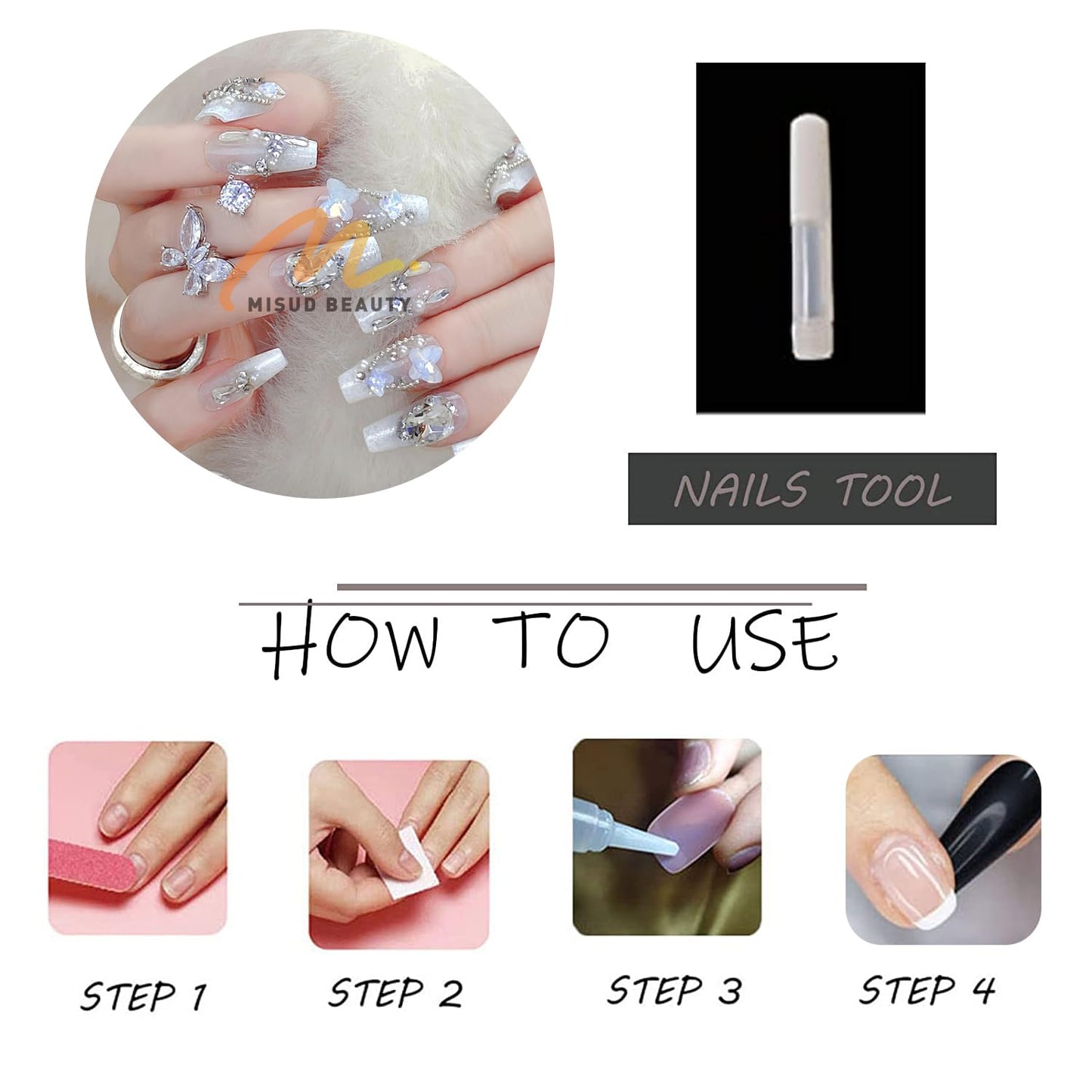 MISUD Press on Nails - Long Coffin Fake Nails with White Rhinestone, Acrylic Handmade Design 24 pcs