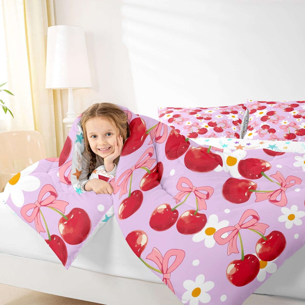 Erosebridal Red Cherry Bow Comforter Set Pink Bow Tie Full Size Bedding Sets | Daisy Flowers Rustic Comforter Dreamy Princess Style Ribbon Bowknot Bed Set,Purple