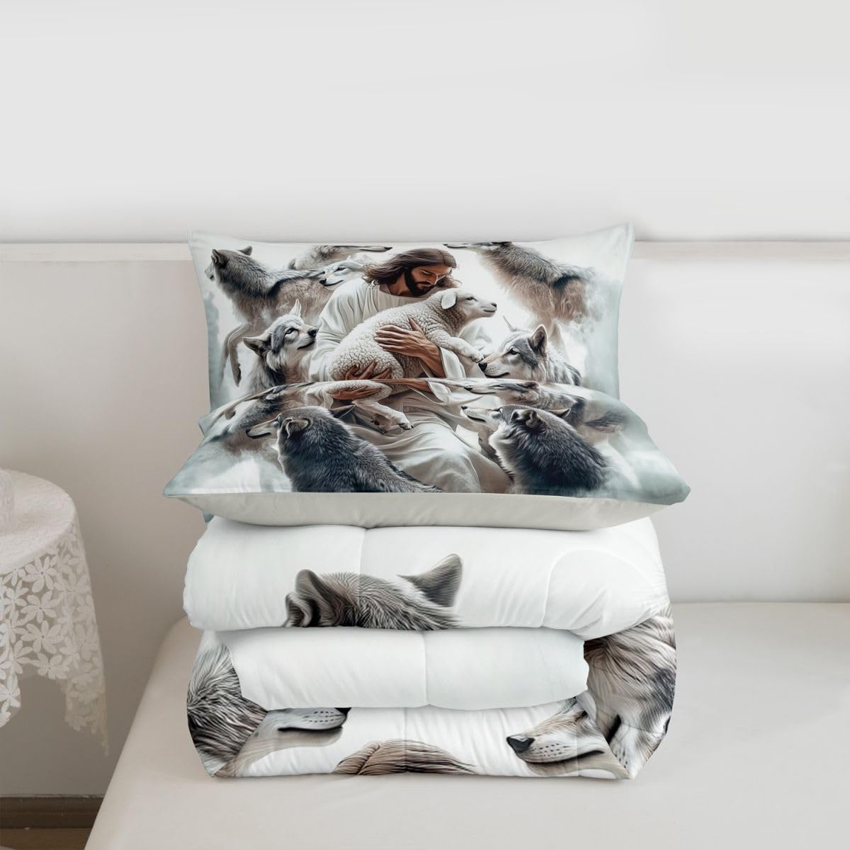 God and Lamb Kids Comforter Set Twin Size,Saving the Lost Sheep Western Bedding Set Boy Girl Room Decor,Bible Verse Spiritual Quilt Comforter,White Gray Duvet Set Bedroom Quilt Set,1 Pillowcase