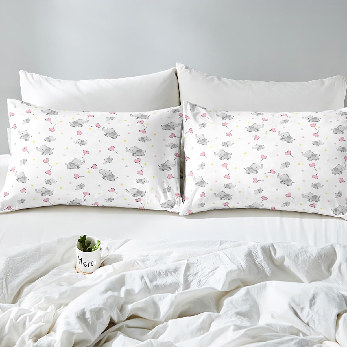 Erosebridal Lovely Elephant Comforter Set for Kids Girls Boys Teens Bedroom,Love Heart Down Comforter for All Season, Kawaii Animal Bedding Set, Cartoon Style Triangle Quilt Full Size