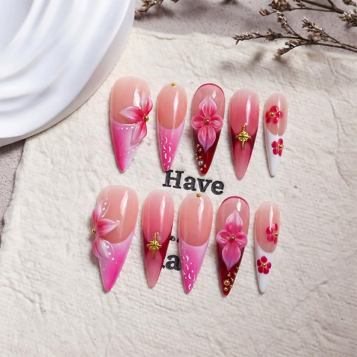 Long Stiletto Press on Nails Handmade False Nails French Tip Fake Nails with 3D Flower Designs Sparkly Red luxury Artificial Nails for Women 10pcs (Size M）