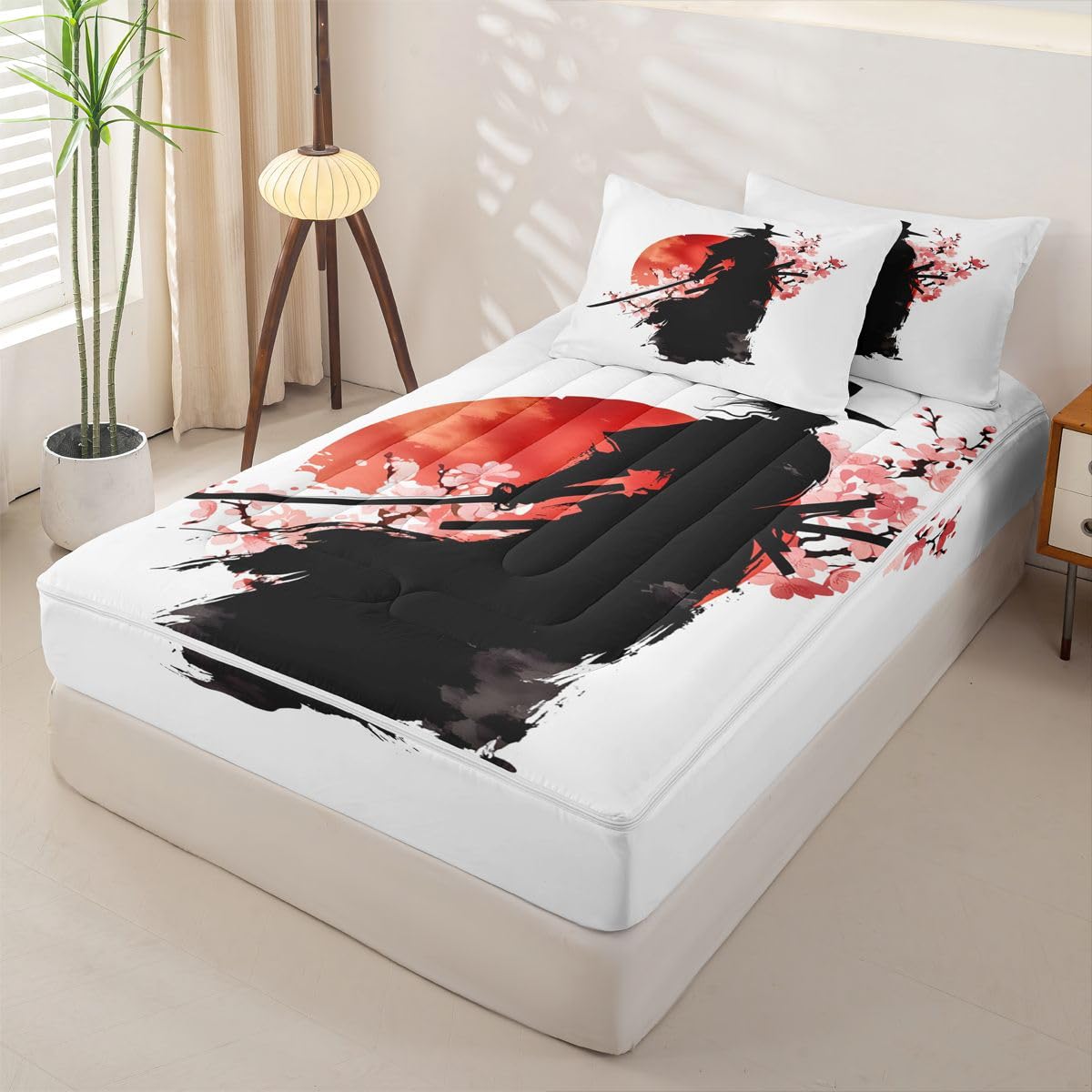 Erosebridal Samurai Zip Up Bedding Comforter Sets Twin Size, Red Sun Japanese Comforter in One Zipper - Japan Warrior Bedding Set with Pillowcases