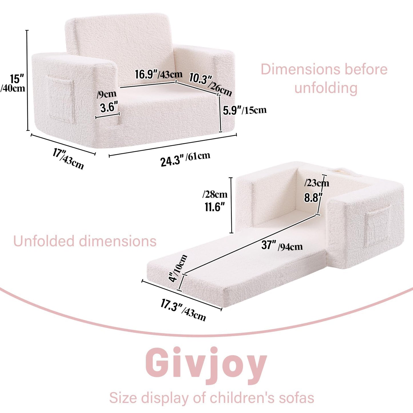 Givjoy Toddler Chair Sherpa Kids Couch, 2-in-1 Soft Kids Armchair Lounger for Bedroom, Convertible Sofa for Girls and Boys, Child Reading Chair for Playroom, Living Room, Pet, Beige