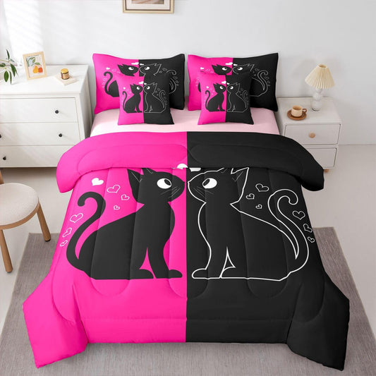 Cute Black Cat 7-Piece Bedding Set Full Size (Hot Pink and Black) | Valentine's Day Cats Bed in a Bag for Couple Lovers Romantic Cats Comforter Set with Sheets Kawaii Pet Animal Duvet Insert