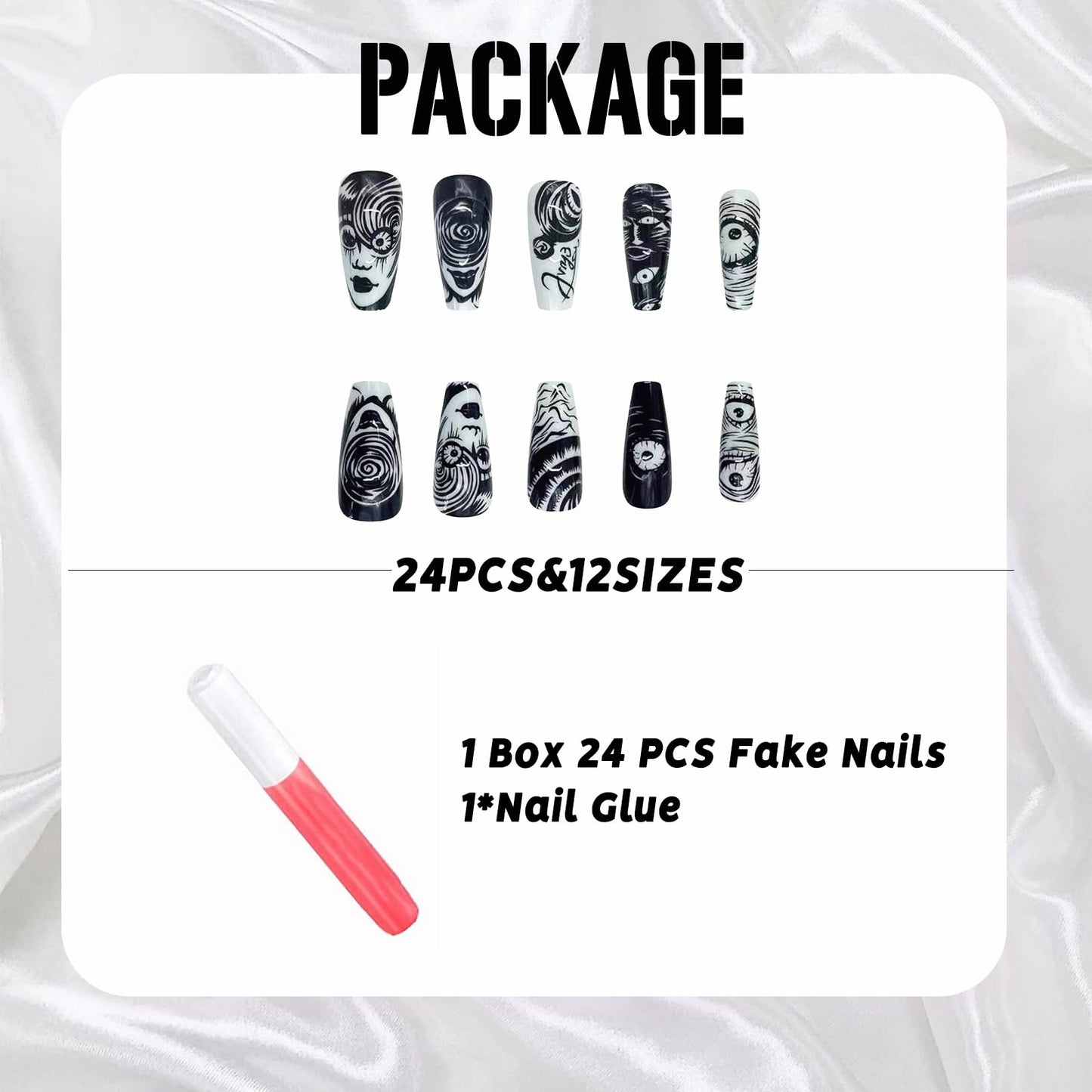 IMSOHOT Press on Nails Long Coffin Fake Nails Black White Artificial Glue on Nails Full Cover Glossy Stick on False Nails for Women Girls 24Pcs