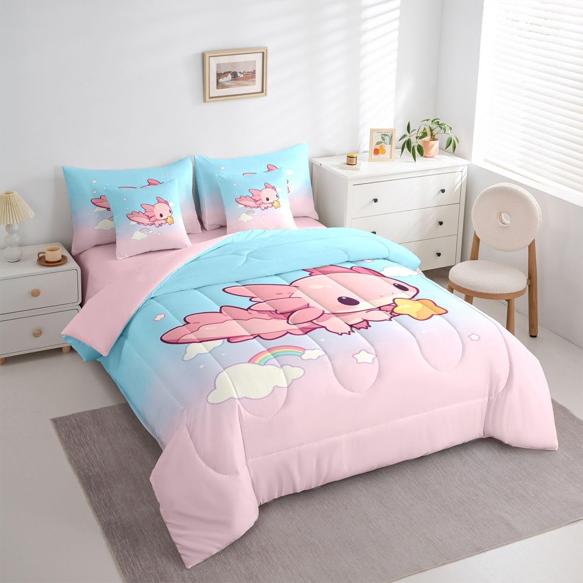 Erosebridal Teen Girl Cute Axolotl Twin Size Bedding Set Kids Pink Blue Princess 7 Pieces Comforter Set with Sheets Cartoon Rainbow Cloud Bed in a Bag Cute Ocean Marine Life Bed Sets