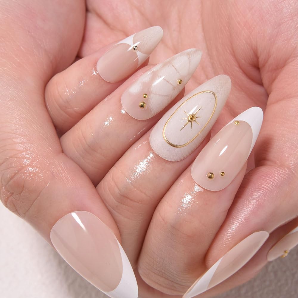 evpct 3D French Press on Nails Medium Almond No Glue with Bohemian Stars Design, White Tip Glossy Stick on Nails for Women with Kit, Reusable Soft Stick on Fake Nail with French Design Perfectly Fit