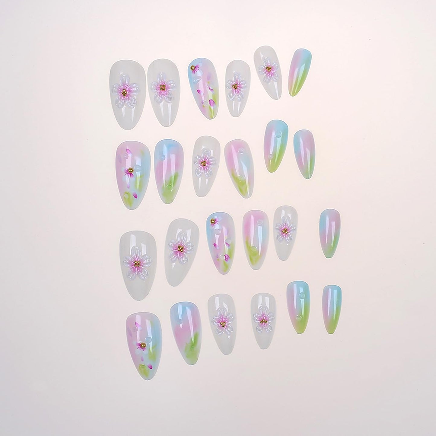 24Pcs Cute Flower Press on Nails Medium Almond Fake Nails Spring Summer Nail Art Handmade Gradient Stick on Nails Glossy Full Cover Artificial Nails for Women DIY Nails Decoration Daily Wear