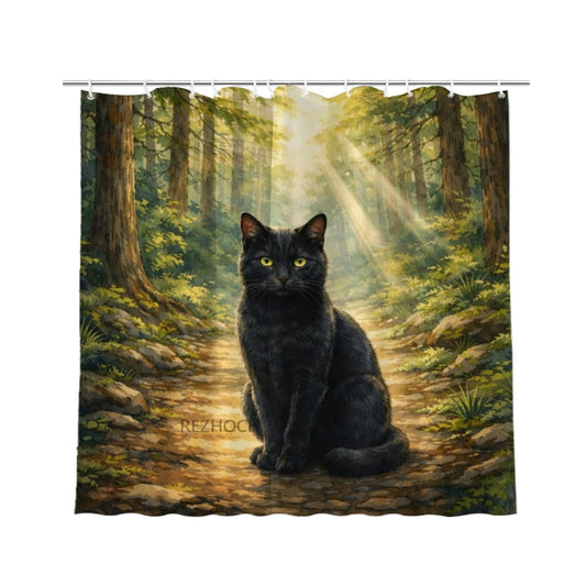 REZHOCH Funny Black Cat Shower Curtain 72x72Inch Forest Cute Animal Watercolor Art Home Bathroom Decor Spring Summer Nature Woodland Farm Waterproof Fabric Bath Set with Hooks