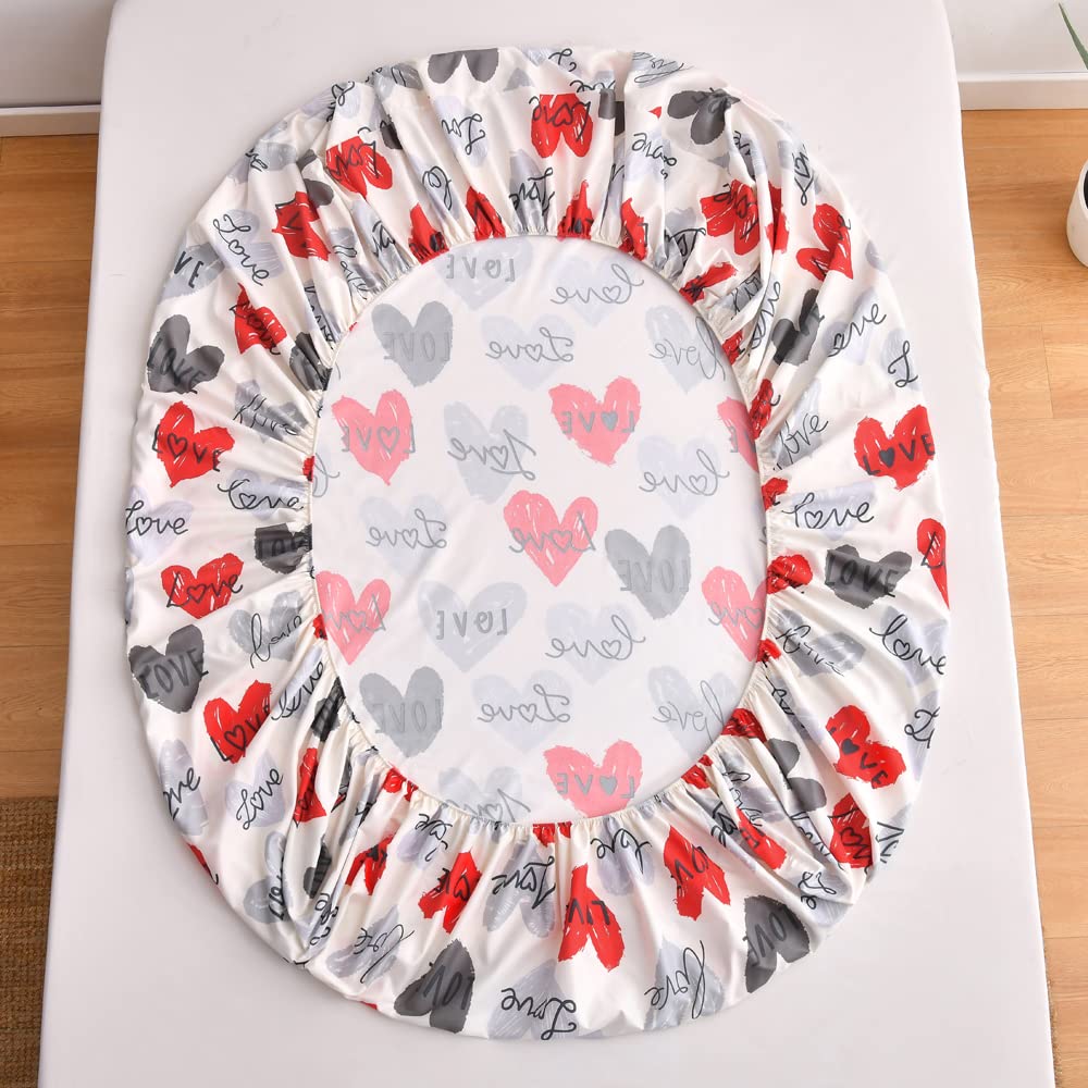 Feelyou Girls Heart Fitted Sheet Twin Size Women Hearted Love Pattern Bed Sheet Set for Kids Teens Bedroom Romantic Decor Red Gray Bedding Set with Pillow Case Microfiber Soft and Cozy Bed Cover