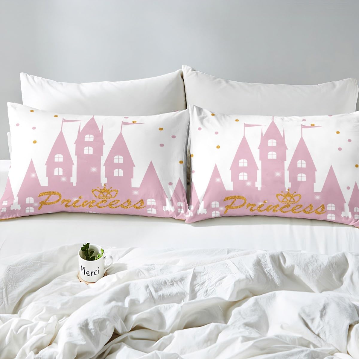 Girls Princess Duvet Cover Set Queen Size,Cartoon Castle Bedding Set 3Pcs for Kids Teens Woman Bedroom Decor,Gold Glitter Dots Lines Comforter Cover Sweet Girly White Pink Quilt Cover,2 Pillowcases
