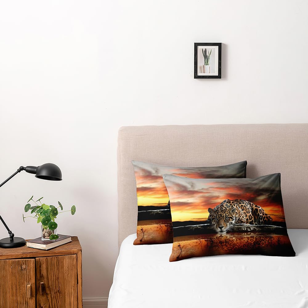 Holiyjog Sunset Glow and Cheetah Duvet Cover Set Black Leopard Comforter Cover with Pillow Shams King Size Leopard Print Bed Set Aesthetic Bedroom Decor