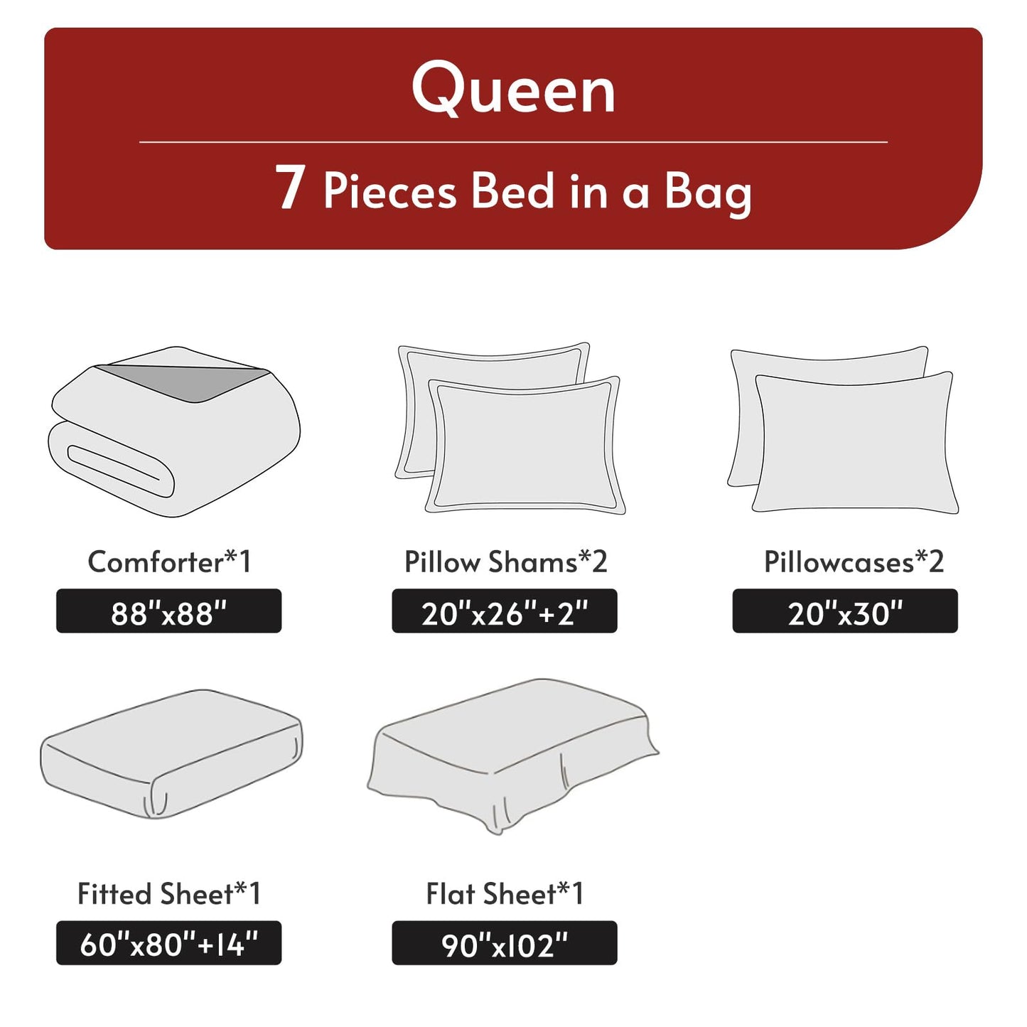 MUXHOMO 7 Pieces Queen Comforter Set, Reversible Bed in a Bag Queen Size, All Season Bedding Set with Comforter, Flat Sheet, Fitted Sheet, Pillowcases & Shams, Red & Black