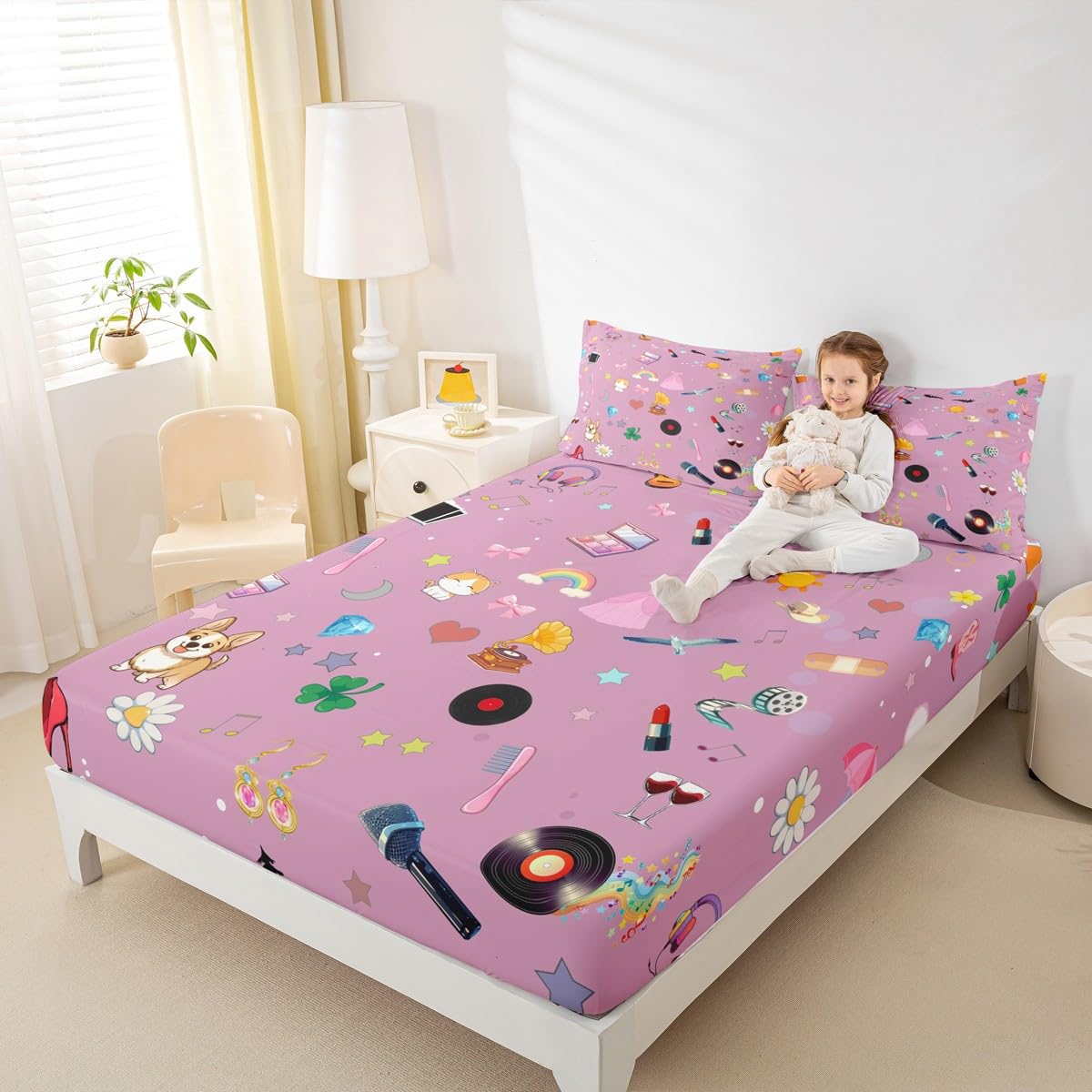 Erosebridal Music Theme Bed Sheets Set King Girls Pop Singer Sheet Set for Kids Women Fashion Guitar Lipstick Sheets Snake Flower Flat Fitted Sheet Microfiber Pink Gift for Music Fans Friend