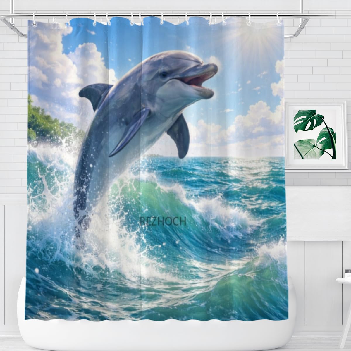REZHOCH Funny Dolphin Shower Curtain 72x72 Inch,Cute Animal Flowers Lovely Spring Garden Home Farmhouse Bathroom Decor,Forest Floral Fabric Waterproof Bath Set with 12 Hooks