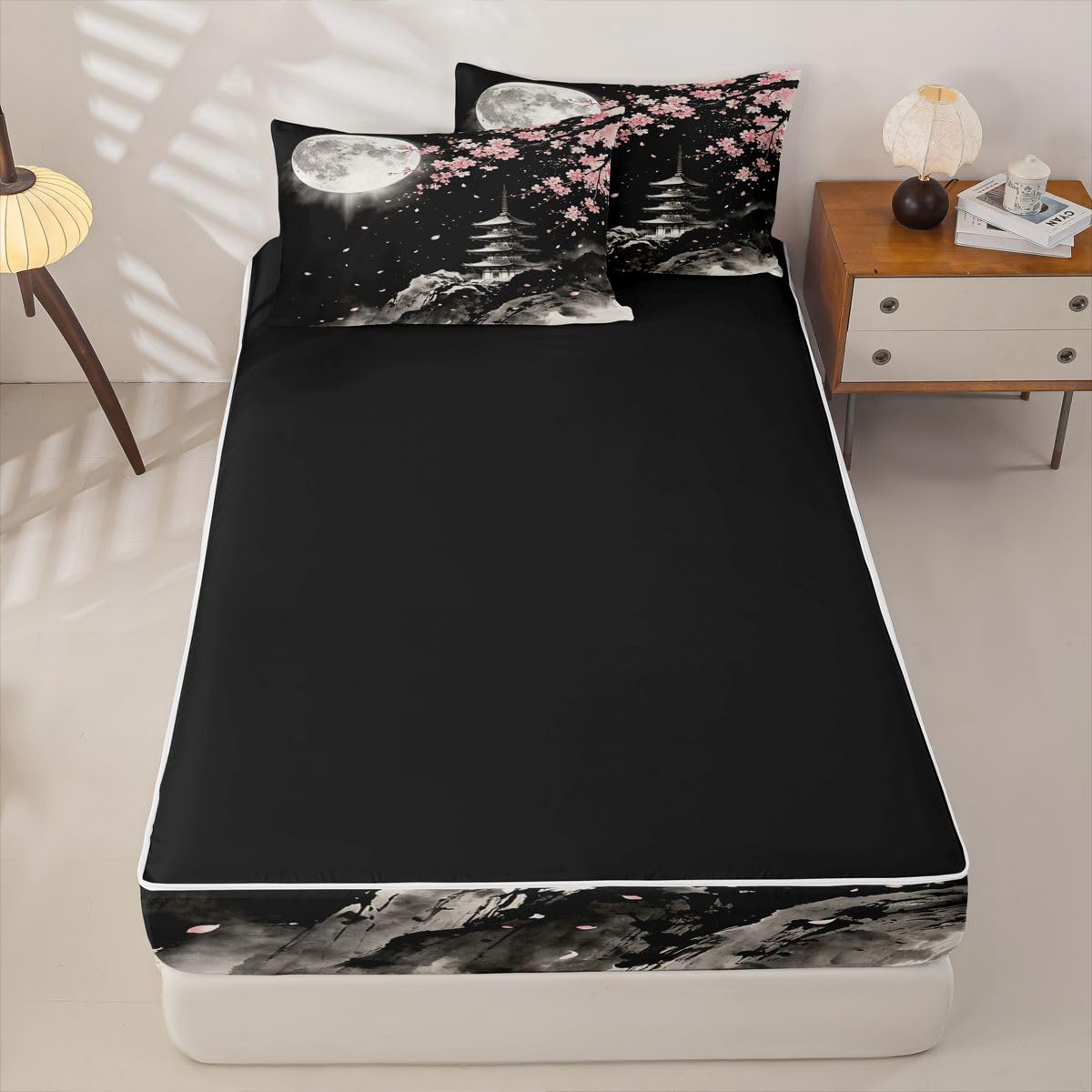 Feelyou Cherry Blossom Zipper Bedding for Kids Full Size Japanese Anime Bed in a Bag with Sheets, Comforter, Pillowcases Flower Floral Comforter Set for Boys Girls Bedding Sets Durable