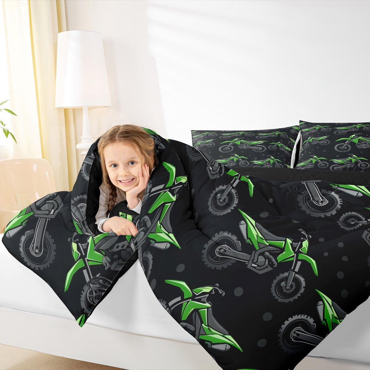 Erosebridal Boys Green Motocross Bedding Set Full, Dirt Bike Comforter Set, Racing Motocross Comforter, Cool Motorcycle Black Quilt with 2 Pillowcases for Kids Teens Youth Men Bedroom Decor