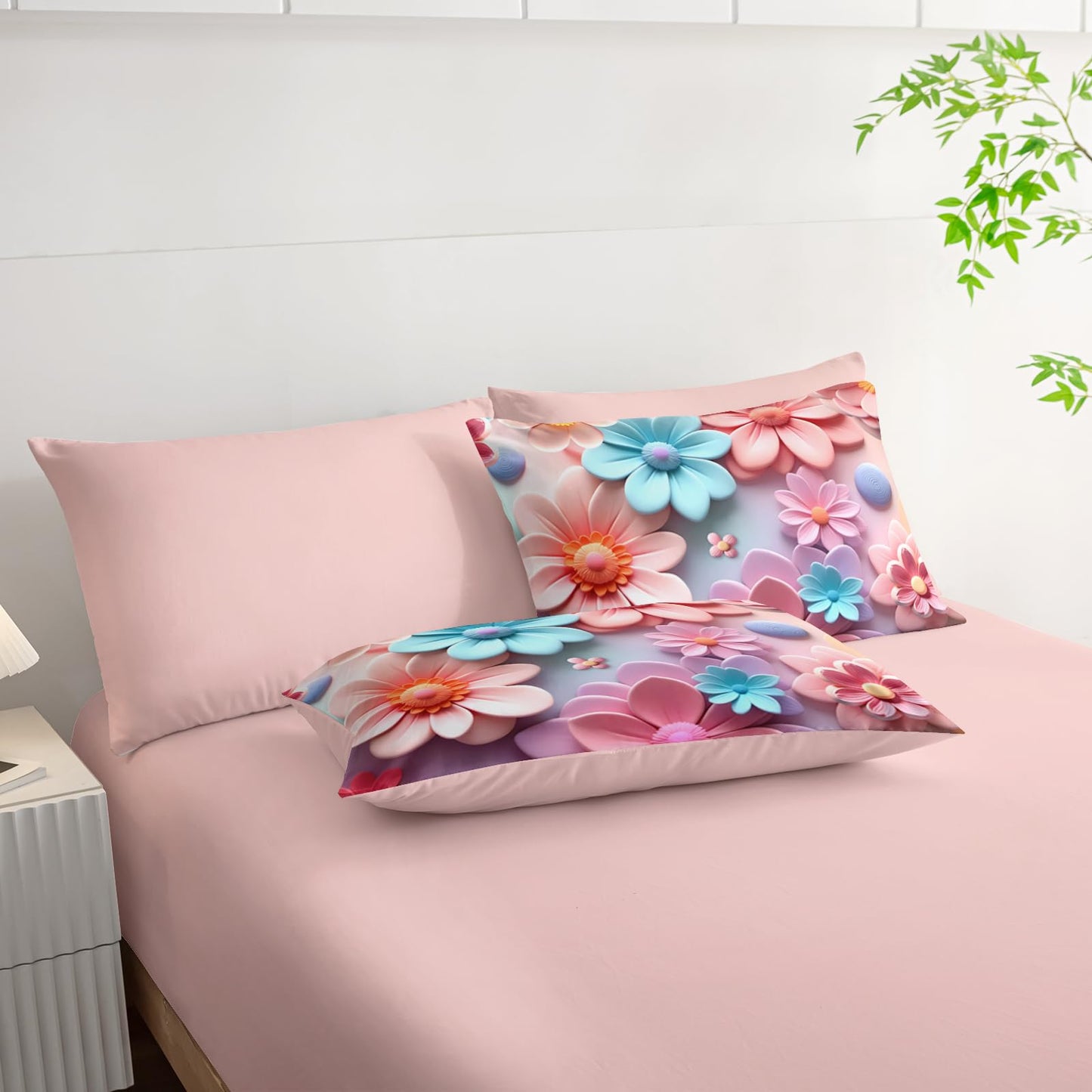 lneffble Pink Floral Comforter Set Queen Size Bed 7 Piece，Quilt Queen Size Bedding Set 7 Piece Farmhouse Blue Floral，(1 Comforter, 1 Flat Sheet, 1 Fitted Sheet, 2 Pillowcase and 2 Pillow Sham)