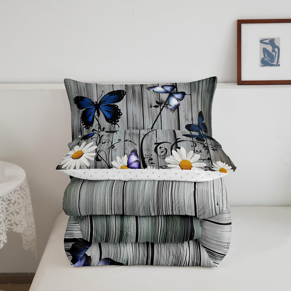 Erosebridal Daisy Comforter Set, Rustic Flower Duvet Sets for Kids Boys Teens Adult, Butterfly Wood Bedding Set Farmhouse Country Daisy Bedding Comforters 3Pcs with 2 Pillow Cases, Queen Size