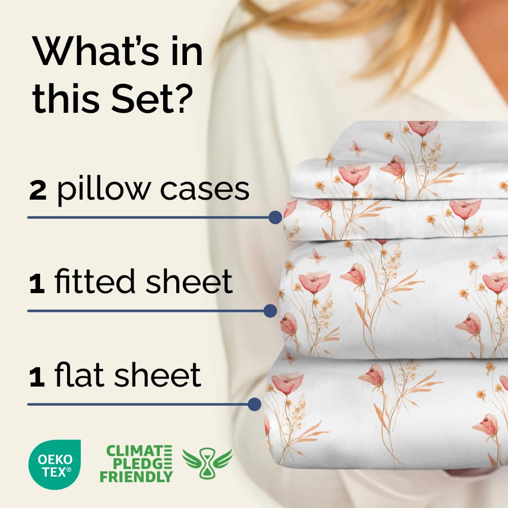 Floral Sheets - Pink Floral Butterfly Bed Sheet Set - 1 Flat & 1 Fitted & 2 Pillowcases w/ Deep Pockets - Wrinkle & Fade Free - Boho Botanical Bedding - Soft, Breathable and Cooling - King Size New