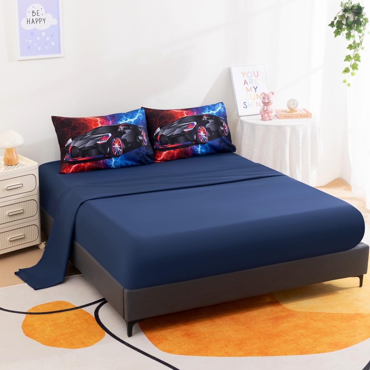 Podol 5 Pieces Race Car Comforter Set Full Size Red and Blue Sports Car Bedding Sets for Boy Tie Dye Lightnings Bed in a Bag with 1 Comforter, 2 Pillowcases, 1 Flat Sheet and 1 Fitted Sheet