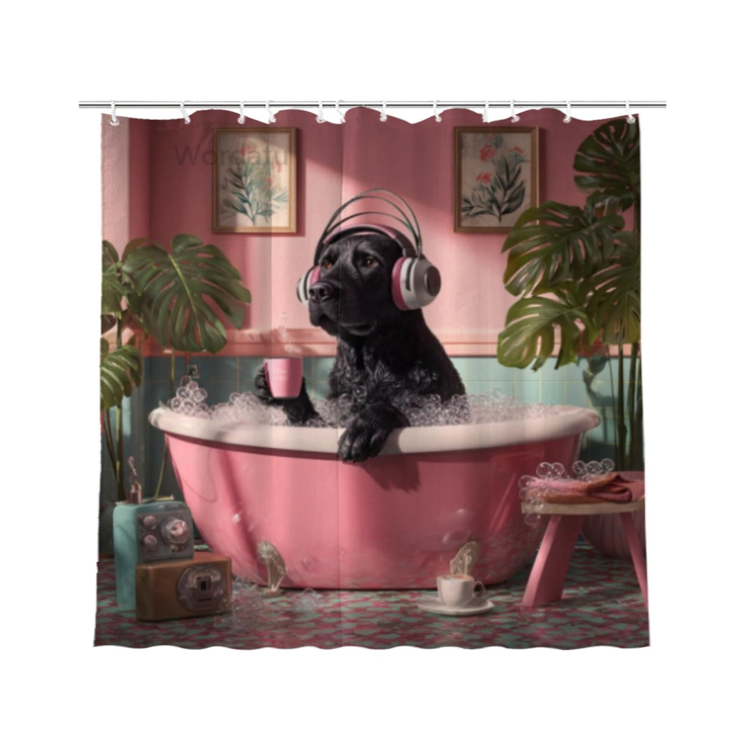Wordatu Black Labrador Dog Shower Curtain Kids Cute Fun Pet in Bathtub Tropical Leaves Palm Leaf Plant Greenery Bathroom Decor Fabric Polyester Waterproof 72x72 Inch