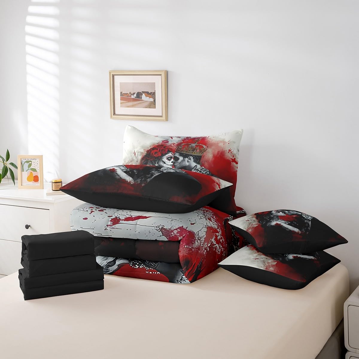 Erosebridal 3D Couple Skull Bedding Set King Size,Romantic Gothic Lover Comforter Set,Valentine's Day (Comforter+Fitted+Flat Sheet+2 Pillowcases+2 Throw Pillow Covers) 7 Pieces Blood Print Bed Set
