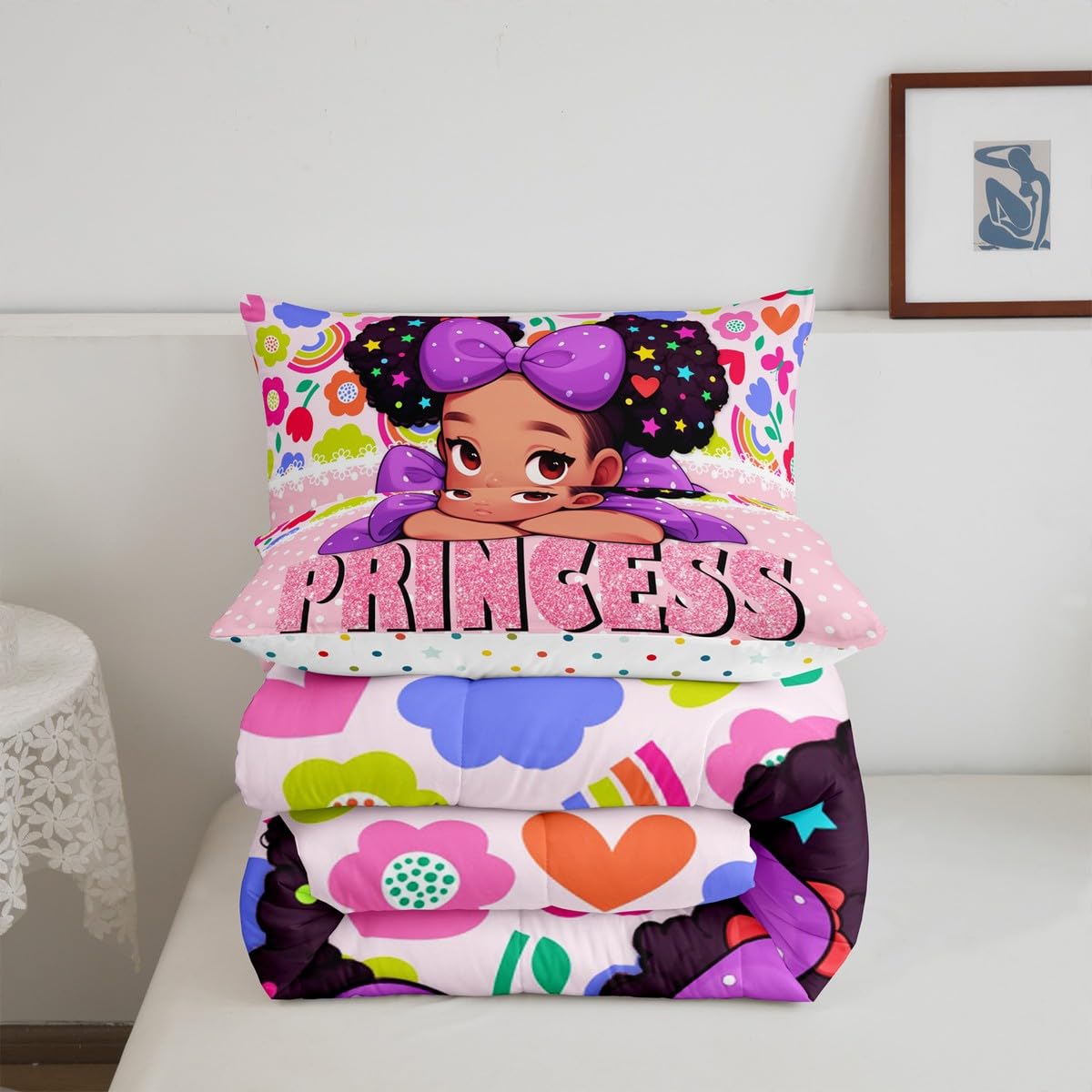 Castle Fairy African American Black Girl Comforter Set Twin Size,Pink Black Princess Girls Bedding Set,Cute Glitter Kids Quilt Set Teens Flower Star Colorful Dots Reversible Print Duvet Insert 2Pcs
