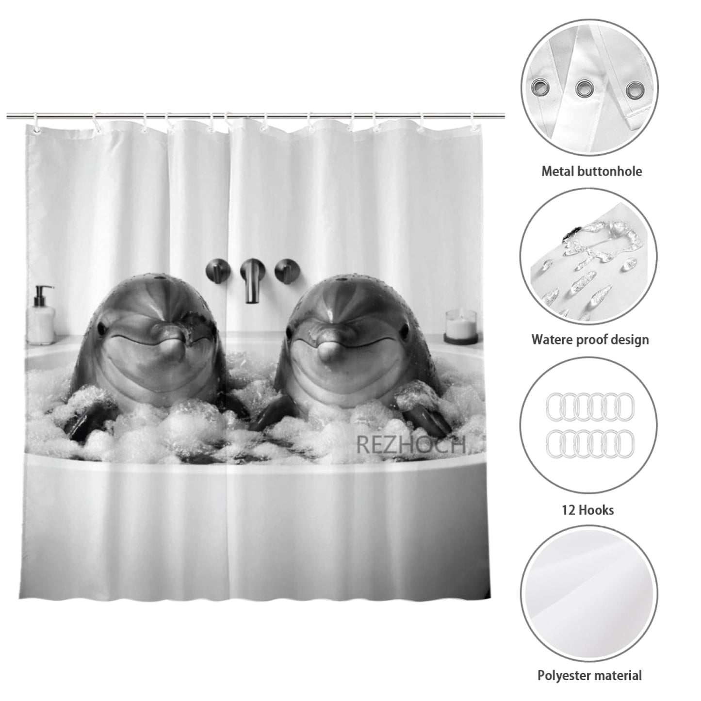 REZHOCH Modern Minimalist Funny Dolphin Shower Curtain 72x72 Inch, Luxury Black and White Cute Animals in Bathtub Bubbles Bathroom Decor,Waterproof Fabric Bath Set with Hooks