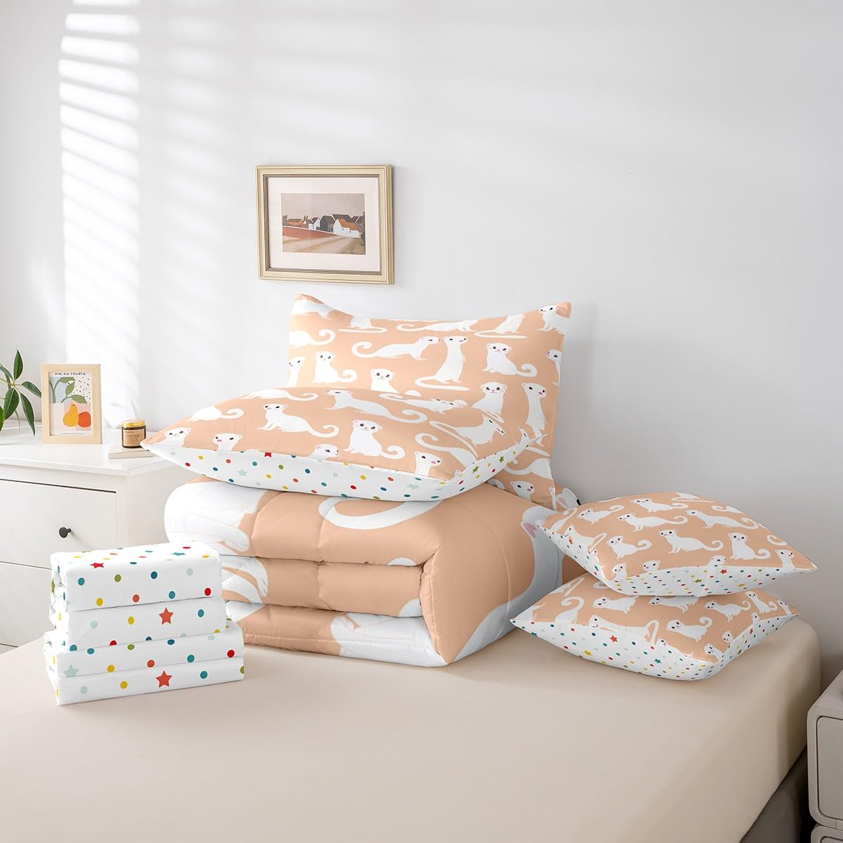 White Ferret 7 Piece Comforter Set Full Bed in a Bag,Kawaii Bedding Sets Cute Wild Animals Comforter and Sheet Set,Cartoon Wildlife Pet Minks Weasel Animal Room Decor