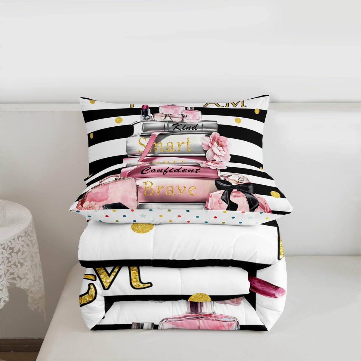 Erosebridal Pink Fashion Comforter King Size for Girls Kids Girly Modern Inspirational Quotes Bedding Set Women Abstract Black White Stripes Bed Set Magazine Books Floral Perfume Makeup Duvet Insert