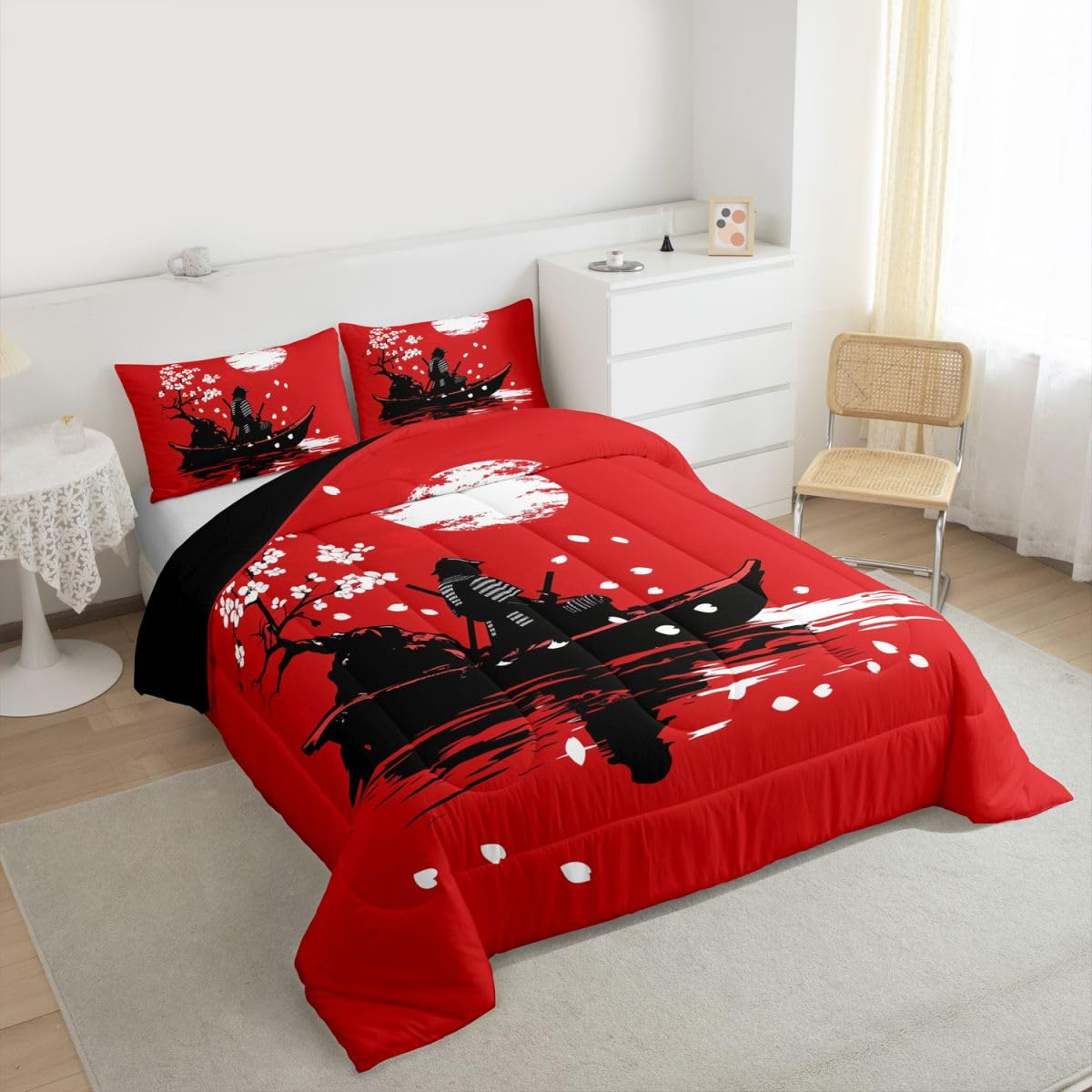 jejeloiu Japanese Samurai Comforter Set All Season Cherry Blossom Bedding Set with 2 Pillow Cases Red Sun Microfiber Kids Queen Bedclothes Japanese Ukiyoe Bedroom Decor Duvet Quilt Breathable Soft