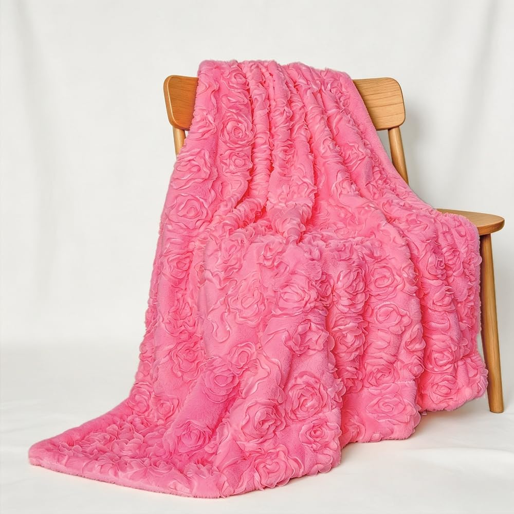 Double-Sided Faux Rabbit Fur Throw Blanket with 3D Rose Embroidery - Ultra Soft, Warm, and Luxurious for Couch, Bed, or Sofa (Pink,Twin (51" x 63"))