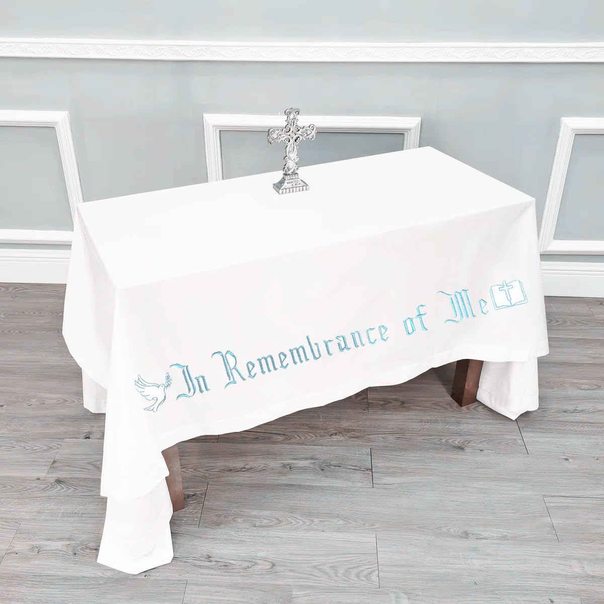 Large In Remembrance of Me Silver Thread Embroidery Altar Frontal Holy Communion Table Cloth Cover 96x52Inch White Rectangle Communion Table Cloth for Church for Gatherings Baptism Ceremonies(Silver)